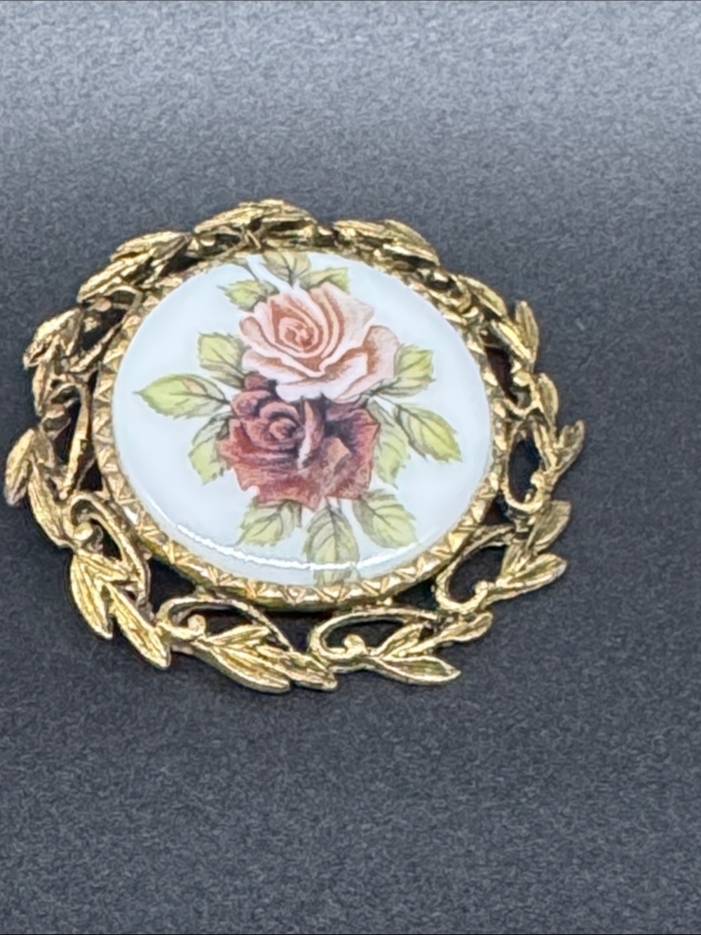 Vintage Gold-Tone Rose Porcelain Pendant
